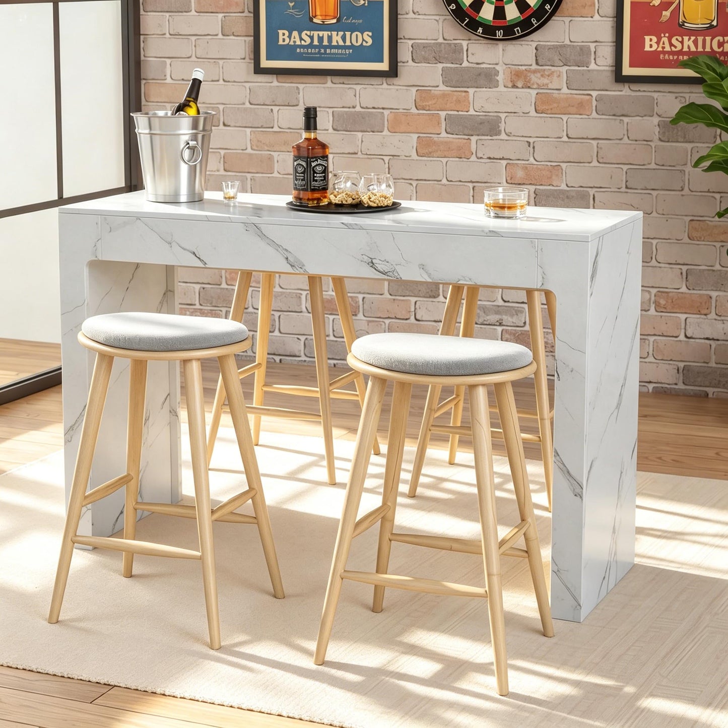 Miereirl 55” Bar Table，Modern Counter Height Pub Table, Long Bar Dining Table with Faux Marble Tabletop，Rectangular Home Bar Unit for 4-6 People, Kitchen, Living Room, Bar, Faux Marble