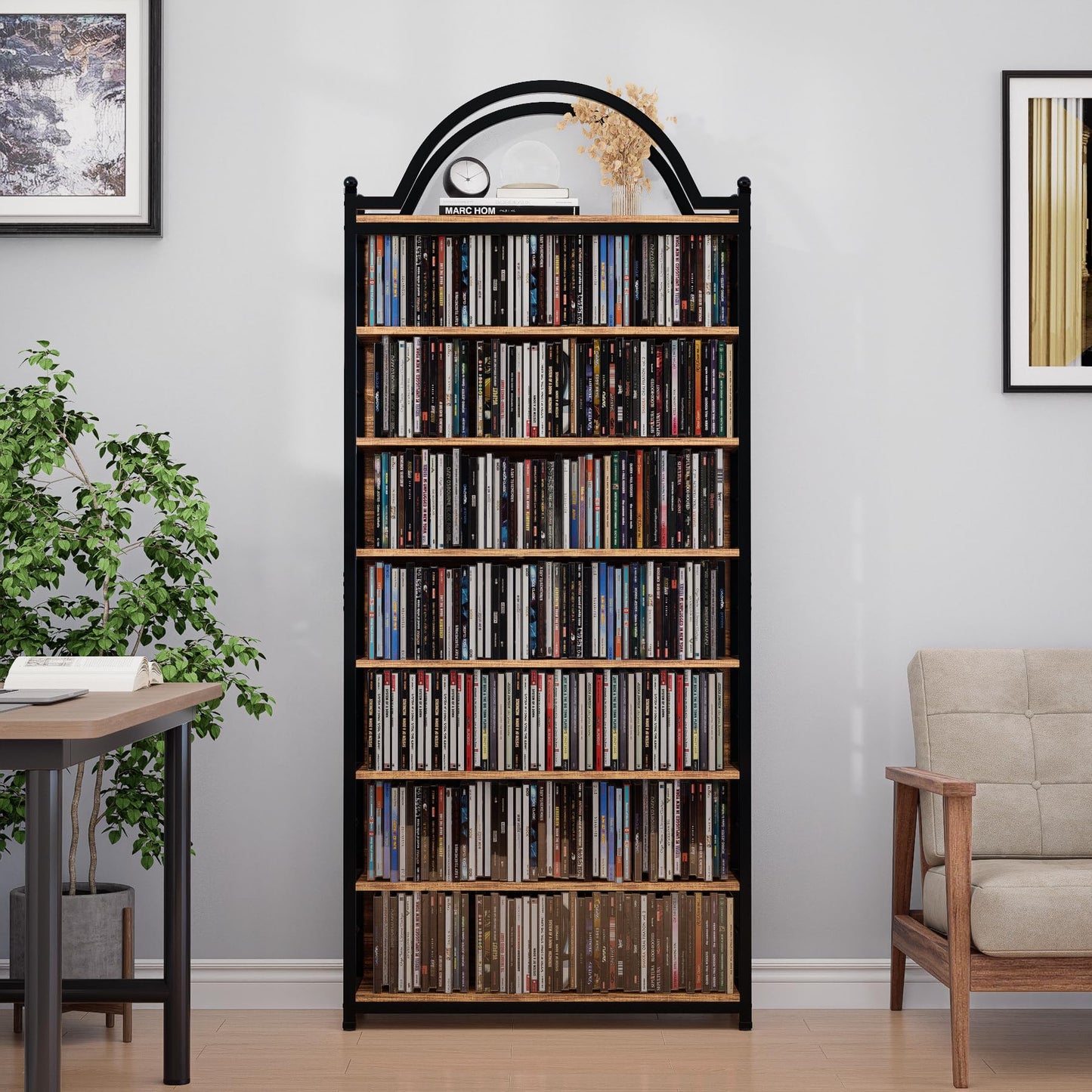 MUVJUG CD Storage Rack Holds 400+ CDs, 8-Tier CD DVD Storage Tower Organizer, Large Media Storage Shelf with Adjustable Feet for Living Room Bedroom Home Entertainment, Rustic Brown