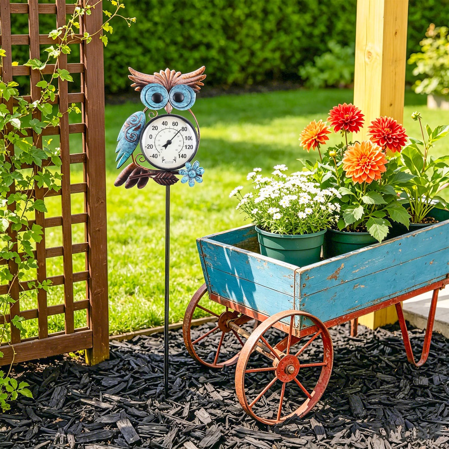 MUMTOP Outdoor Thermometer, 42 Inch Metal Owl Garden Stake Outside Wall Thermometer for Patio, Yard and Garden