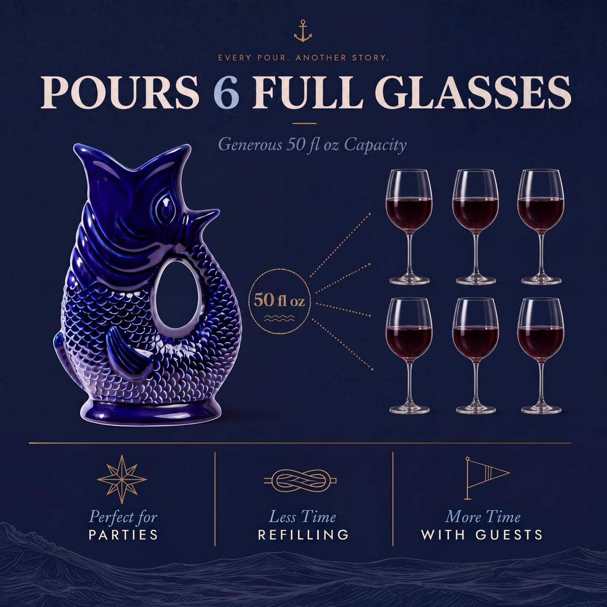 Giggling Grandma Fish Jug 50 fl oz Ceramic Pitcher, Dark Cobalt Blue