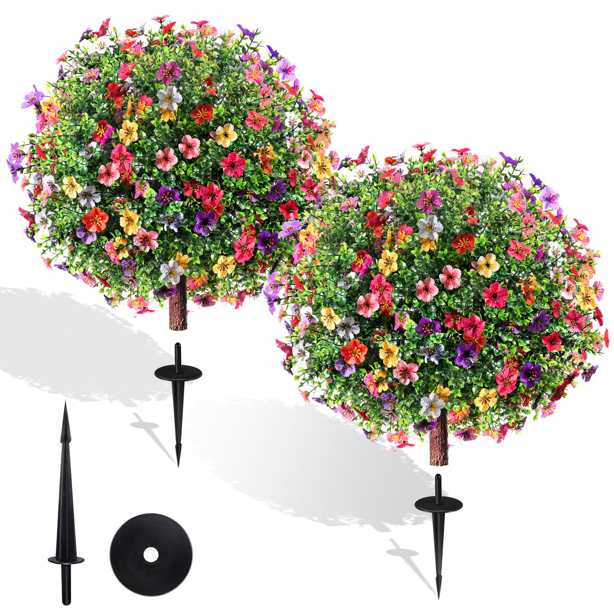 27.5" Artificial Flowers Boxwood Topiary Ball Tree Set of 2, UV Resistant Fake Bushes Shrubs with Ground Spike, Faux Evergreen Tree for Front Porch Outdoor Garden Decor