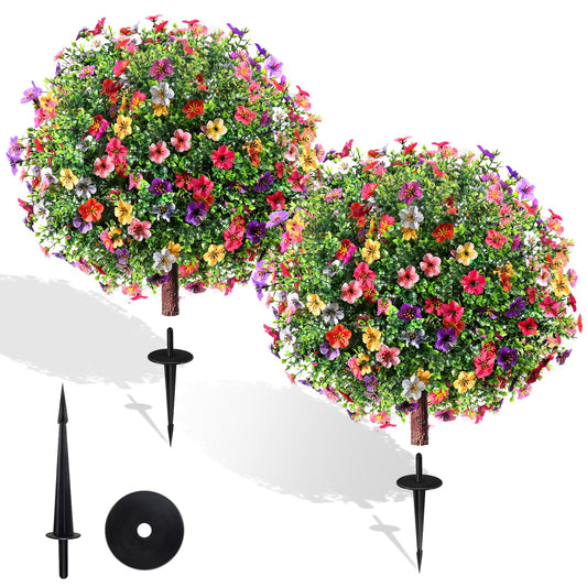 27.5" Artificial Flowers Boxwood Topiary Ball Tree Set of 2, UV Resistant Fake Bushes Shrubs with Ground Spike, Faux Evergreen Tree for Front Porch Outdoor Garden Decor