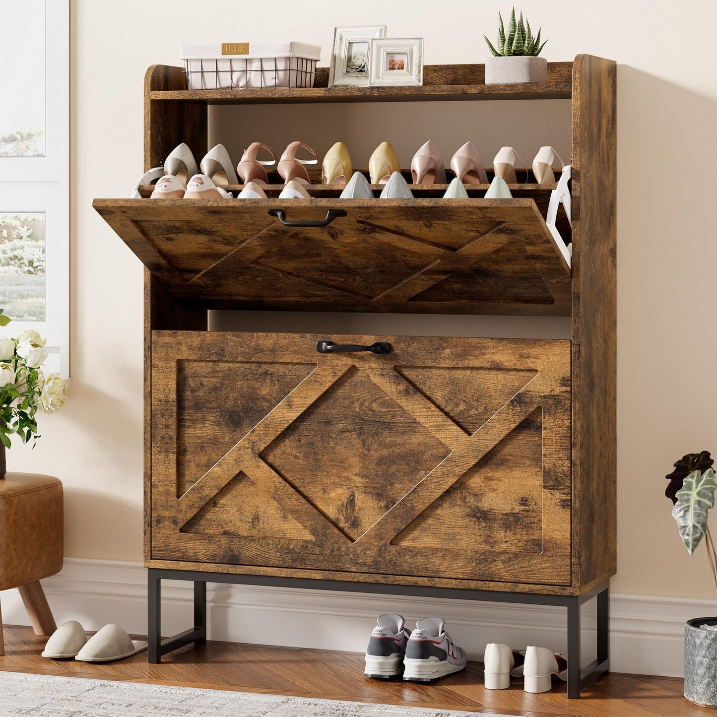 Nicetree Shoe Cabinet Organizer with 2 Flip Drawers, Freestanding Narrow Rack with Metal Legs, Farmhouse Slim Shoe Storage for Entryway, Foyer, Hallway, Rustic Brown