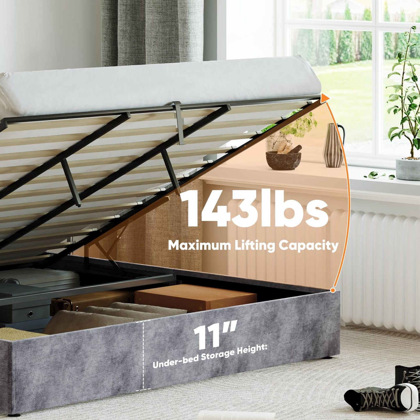 Sweetcrispy King Size Lift Up Storage Bed, Modern Upholstered Platform Bed Frame with Wingback Headboard, Hydraulic Lift Storage, No Box Spring Needed, Easy Assembly, Grey