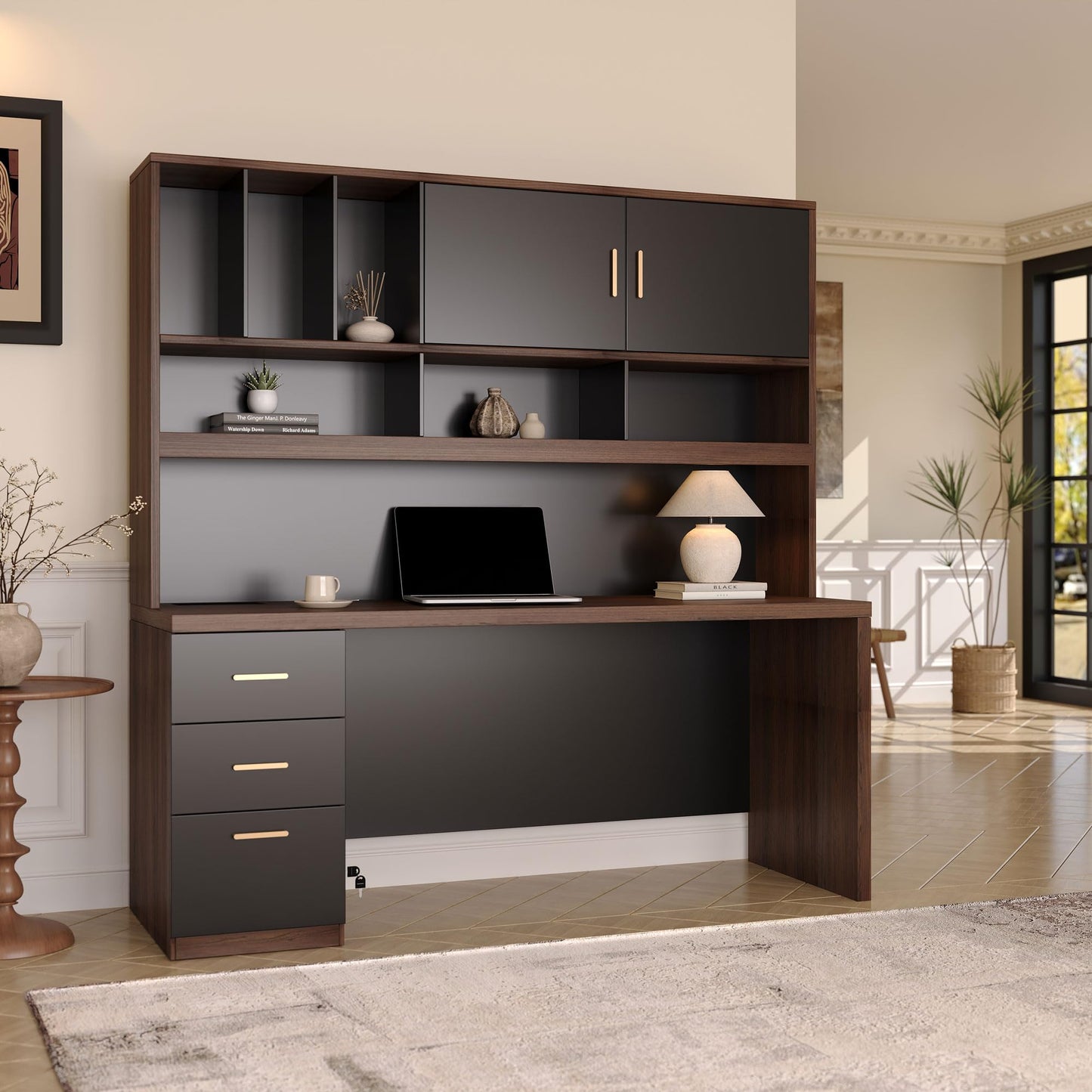 ModernMate 72.8" Computer Desk with Hutch and Drawers, Office Desk with Hutch Built in Charging Station, All-in-One Executive Desk 1.18" Desktop, Privacy Panel for Home Study, Black Walnut