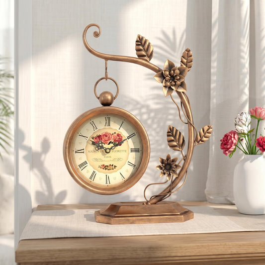 VIVIFLYSE Floral Plant Desk Clock, Vintage Gold Table Clock with Leaf Pattern, Silent Non-Ticking Battery Operated Decorative Shelf Mantel Clock for Living Room Bedroom Home Decor Gift for Women