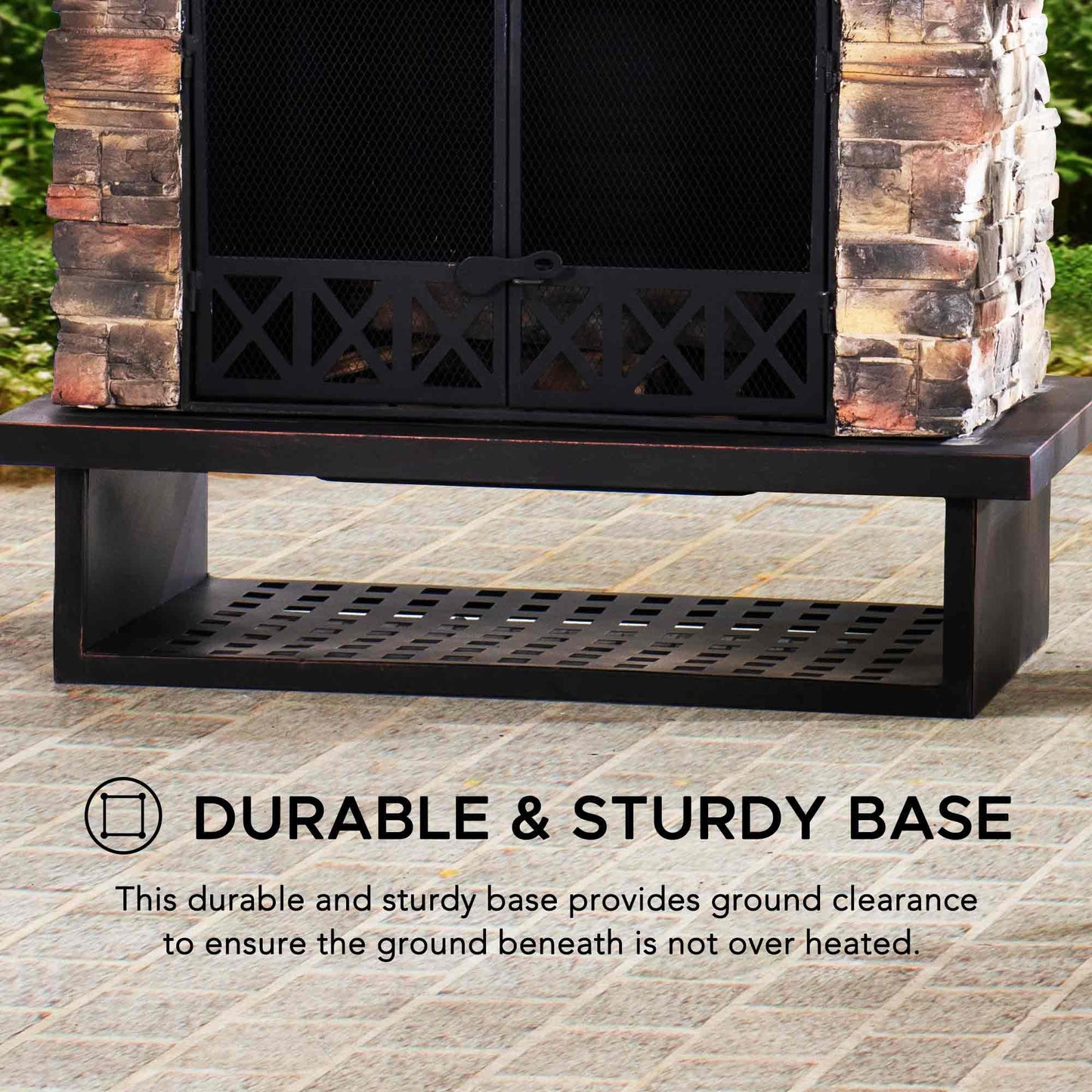 Sunjoy Outdoor Fireplace, Heavy Duty Patio Wood Burning Fireplace with Steel Chimney, Mesh Spark Screen Doors, Removable Grate and Fire Poker, Black