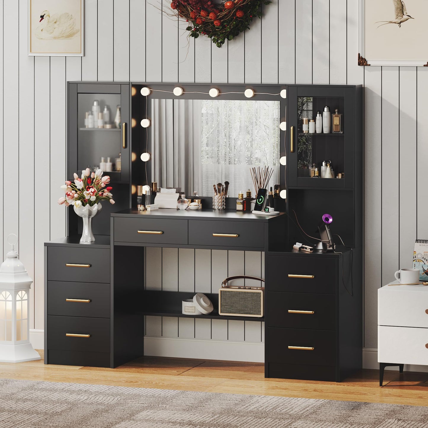 TOKSOM Black Vanity Desk with Mirror, Lights & Charging Station, 58.3" 3 Lighting Modes Makeup Desk with 8 Drawers, 2 Cabinets and Lots Storage, Dressing Table Vanity Set with Lighted Mirror