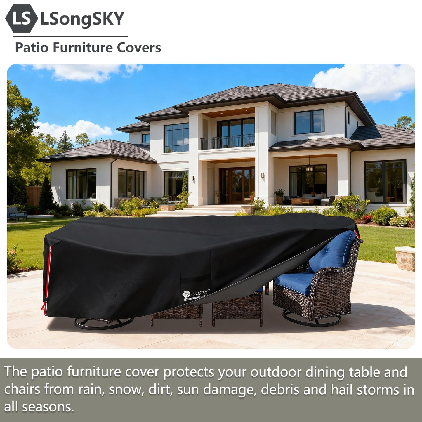LSongSKY Outdoor Furniture Covers Waterproof,600D Heavy Duty Patio Furniture Covers for 6/7/8 PCS Sets Sectional Sofa Couch Rocking Swivel Chairs Ottomans Coffee Table,111L x 74W x 28H inch Black