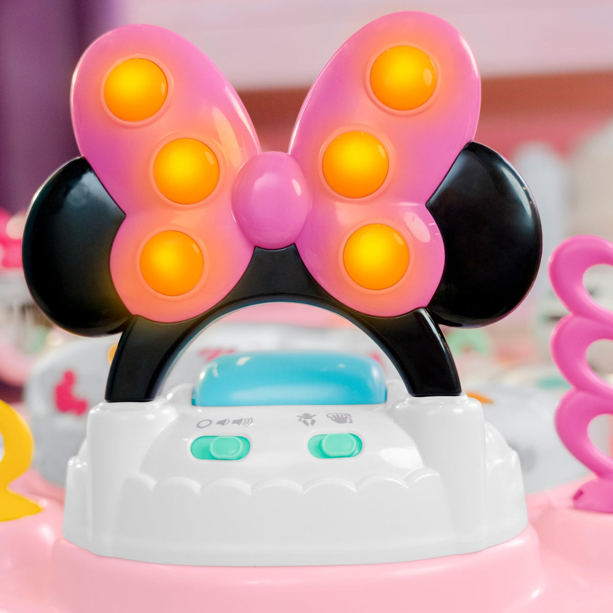 Bright Starts Disney Baby Minnie Mouse Forever Besties Baby Activity Center Jumper with 10 Toys, Lights & Sounds, 360-Degree Seat, 6-12 Months (Pink)