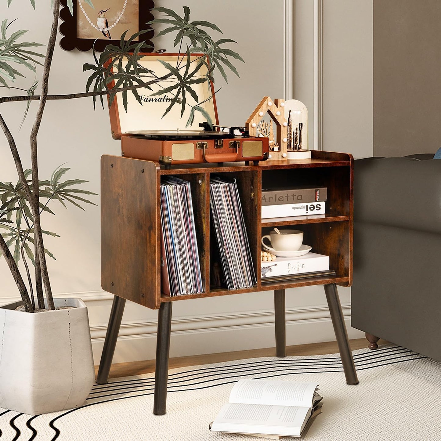 UODERS Record Player Table, Mid-Century Record Player Stand with Vinyl Storage Hold Up to 150+ Albums, Vinyl Record Cabinet with Adjustable Shelves, Wood Turntable Stand for Music Living Room (Brown)