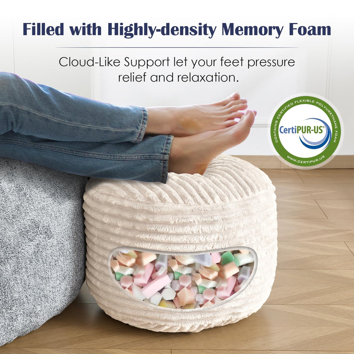 INSPIRE CRAFTER Round Pouf Ottoman,Corduroy Foot Rest,Beige,20x15 in