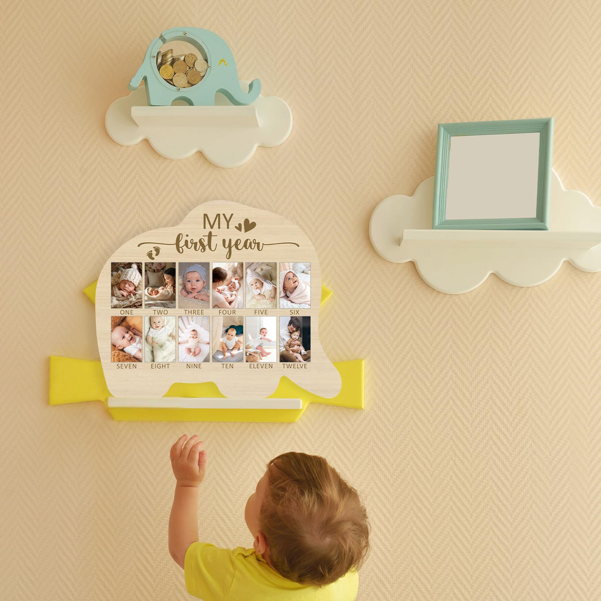 UIBOVA Elephant My First Year Photo Board, Baby Milestone Signs for Boys Girls Nursery Decor, 12 Month Pictures for Baby First Year, Picture Board for 2x3 Photos, Best Babies Keepsake Gifts-A28