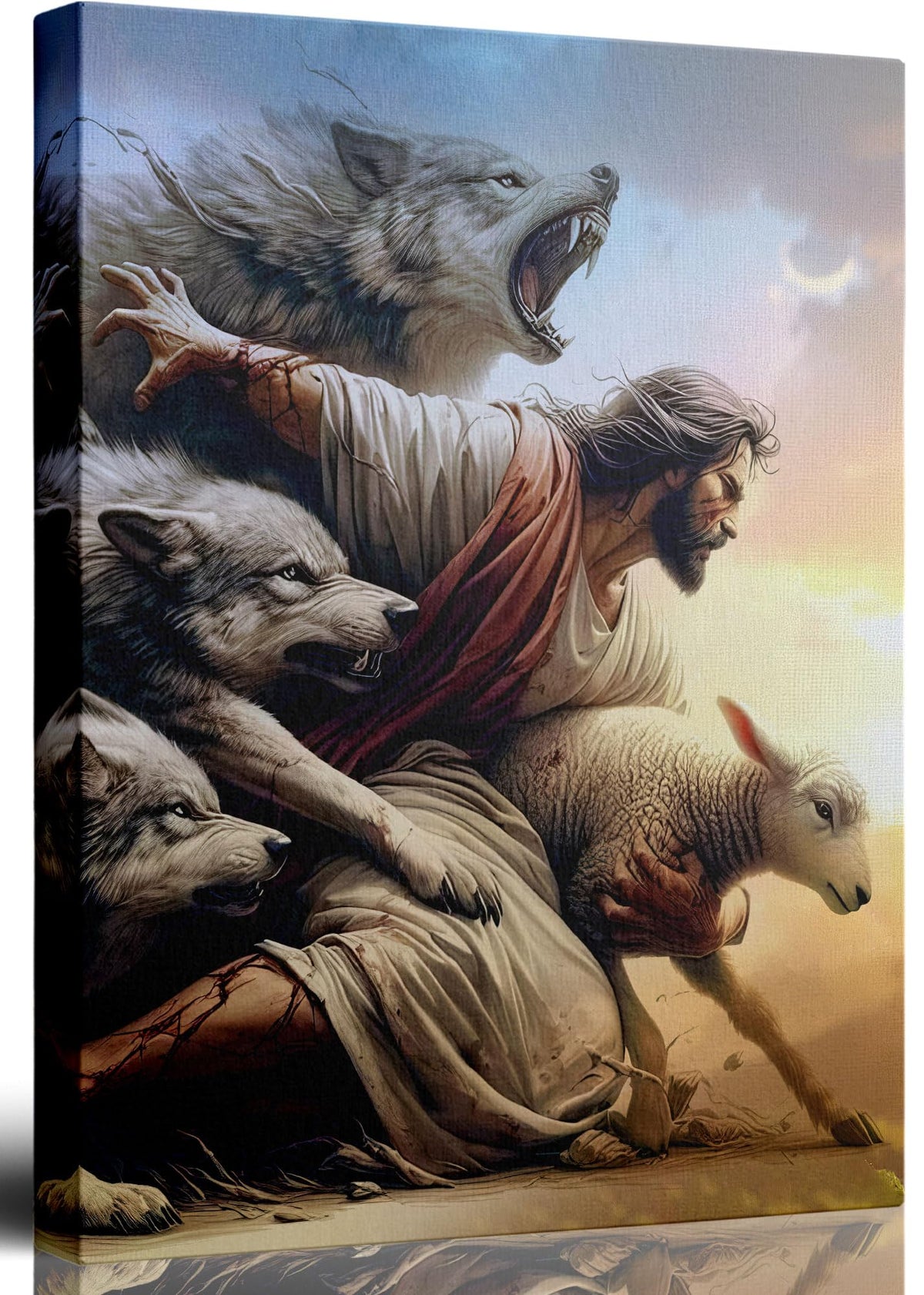 Jesus And Lamb Wall Art Jesus Saves The Lost Lamb Wolf Painting Picture Wall Decor The Shepherd'S Protection Poster Print Artwork t for Living Room Bedroom Church Home Decortion