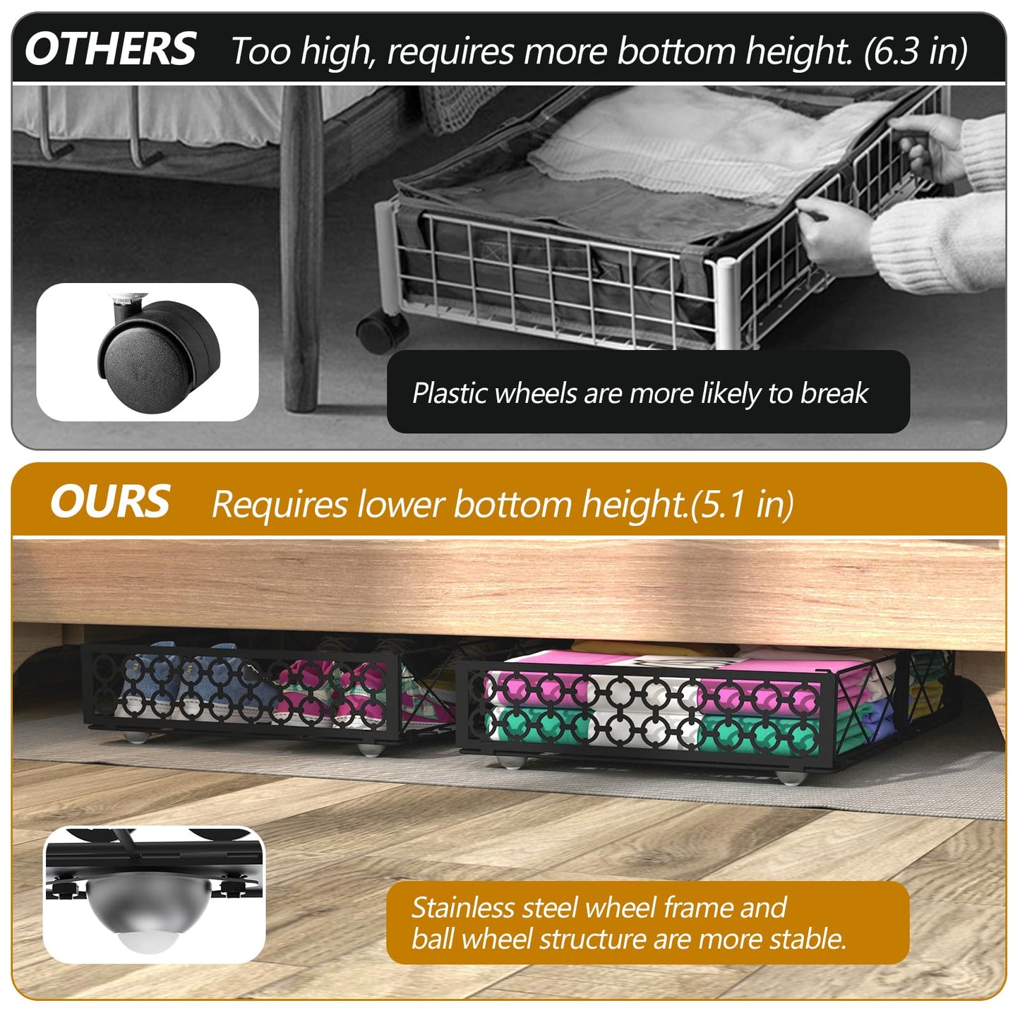 NADAMOO Under Bed Storage with Wheels, Low Profile Rolling Organizer Bins