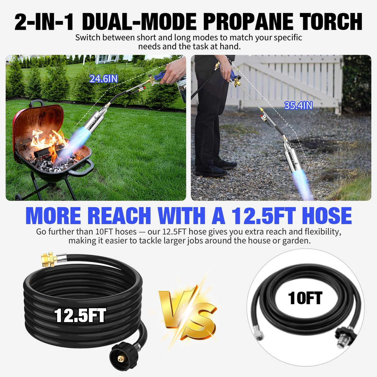 Propane Torch Weed Burner Kit with Storage Bag,35.4" High Output Blow Torch with Long/Short Mode & 12.5FT Hose,Heavy Duty Flamethrower with Turbo Trigger for Weeding,Asphalt Melting,Ice Snow Melting