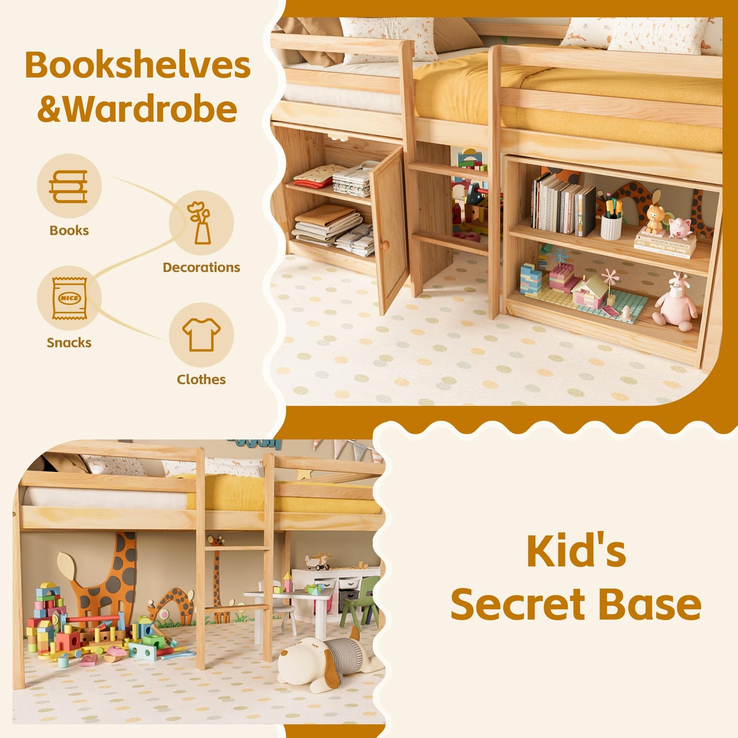 TOLEAD Wood Low Loft Bed Twin Size with Storage Cabinet, Shelf and LED Lights, Wooden Kids Loft Bed with 14" H Safety Guardrail, Ladder and Under-Bed Play Space, Natural Wood