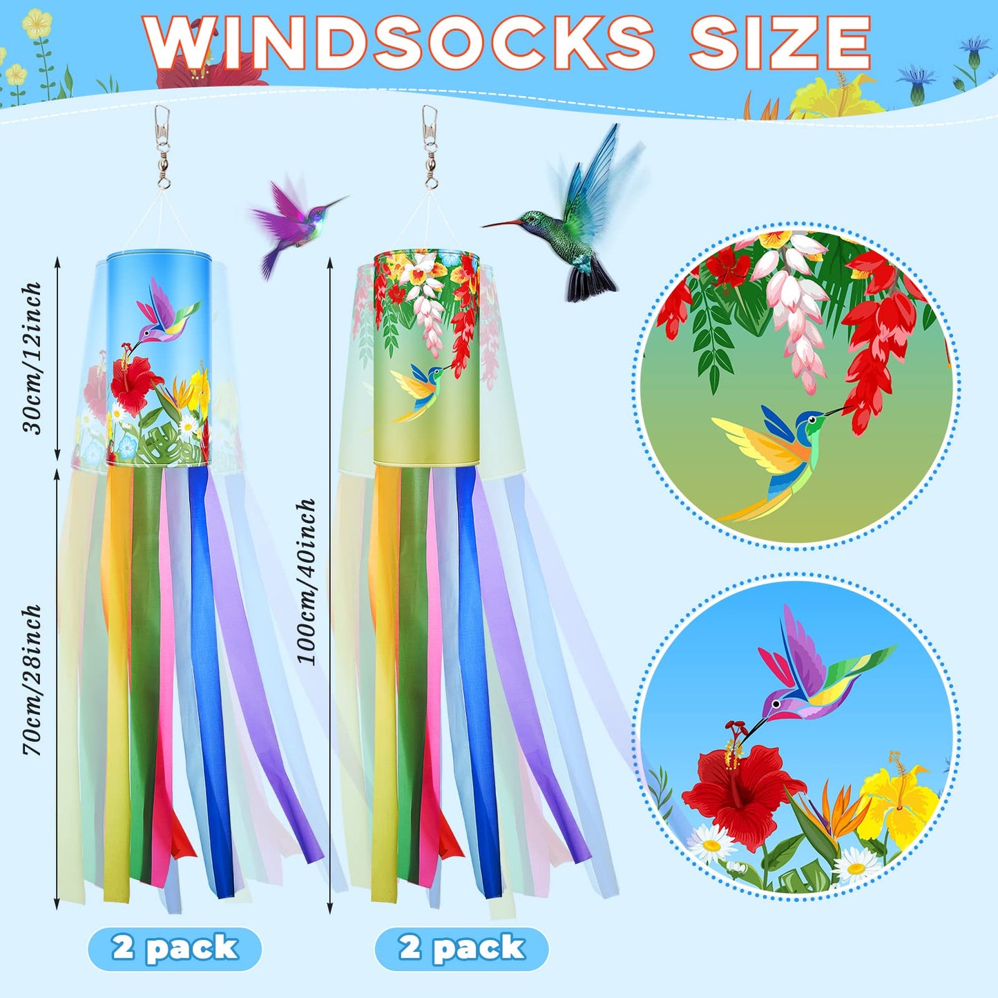 Newwiee 4 Pcs Wind Socks for Outside Heavy Duty 40 Inches Rip-Stop Polyester Decorative Spring Summer Hummingbird Windsock with Streamers Hanging Decor for Wall Tree Front Patio Lawn Garden