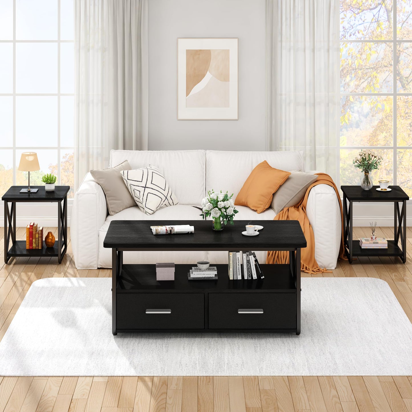 DKLGG 3 Piece Coffee Table Set for Living Room with Fabric Drawers and Storage Shelves, Rustic Wood and Metal Frame, Industrial Farmhouse Table with 2 End Tables for Small Spaces, Apartment, Black