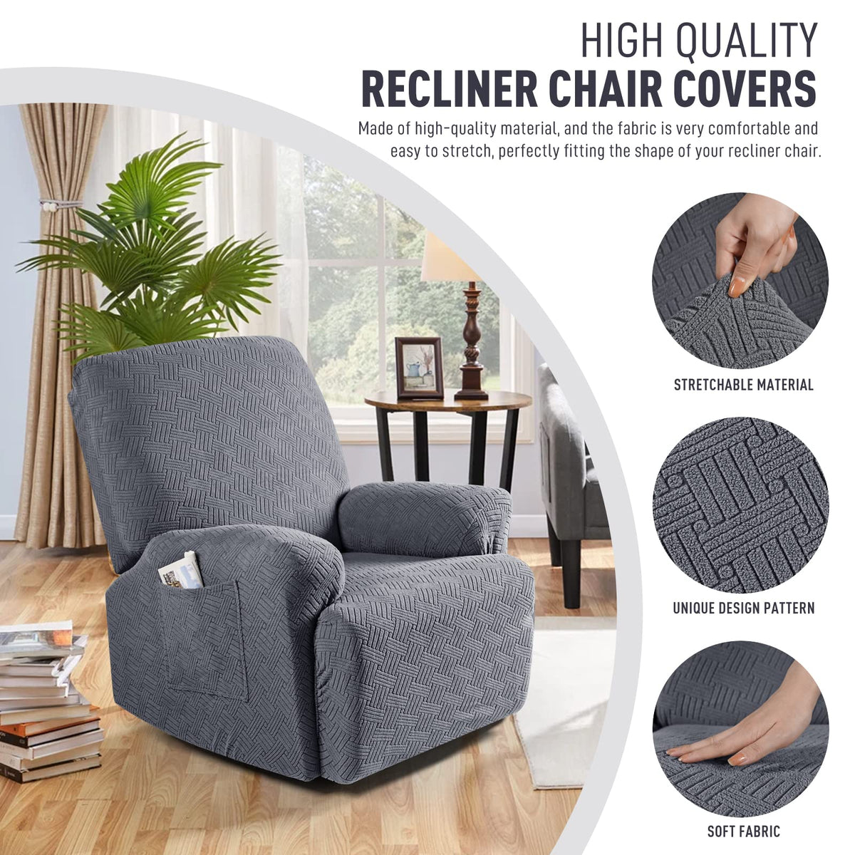 KinCam Recliner Chair Covers, Stretch Reclining Cover, Dark Gray