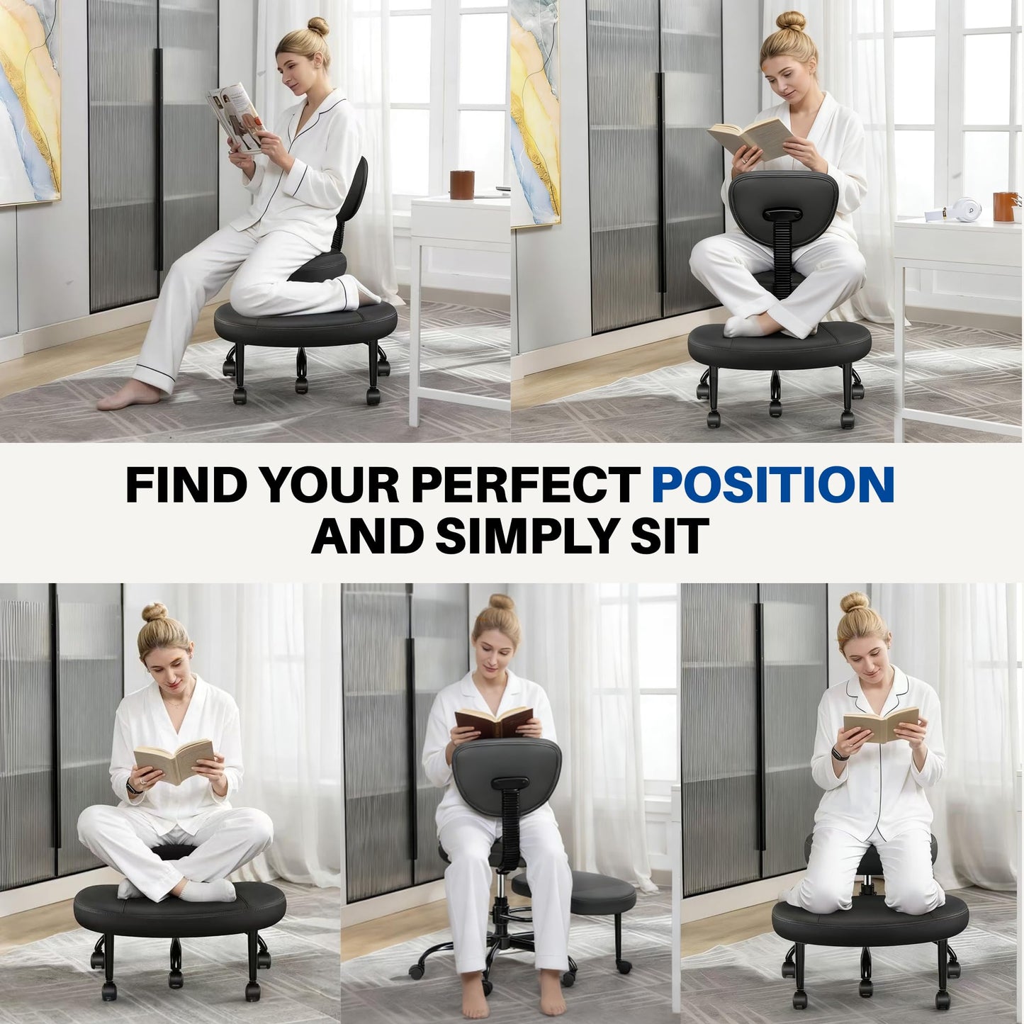 BestEra Cross Legged Office Chair with Wheels, Ergonomic Kneeling Chair with Lumbar Support and Adjustable Height for Meditation, ADHD Desk & Yoga