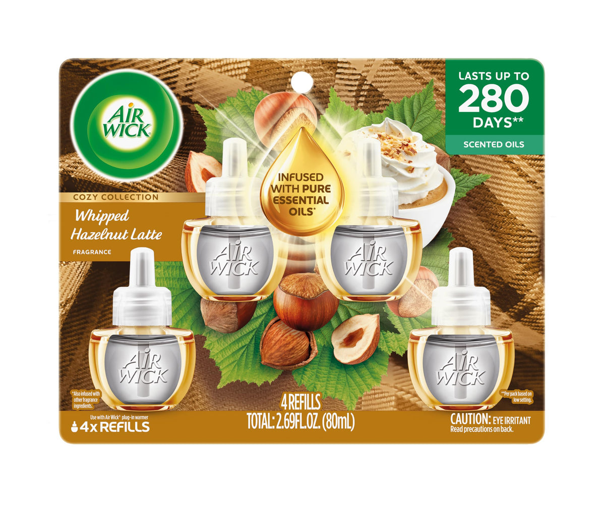 Air Wick Plug in Scented Oil Refill, 4ct,Whipped Hazelnut Latte, Air Freshener, Essential Oils