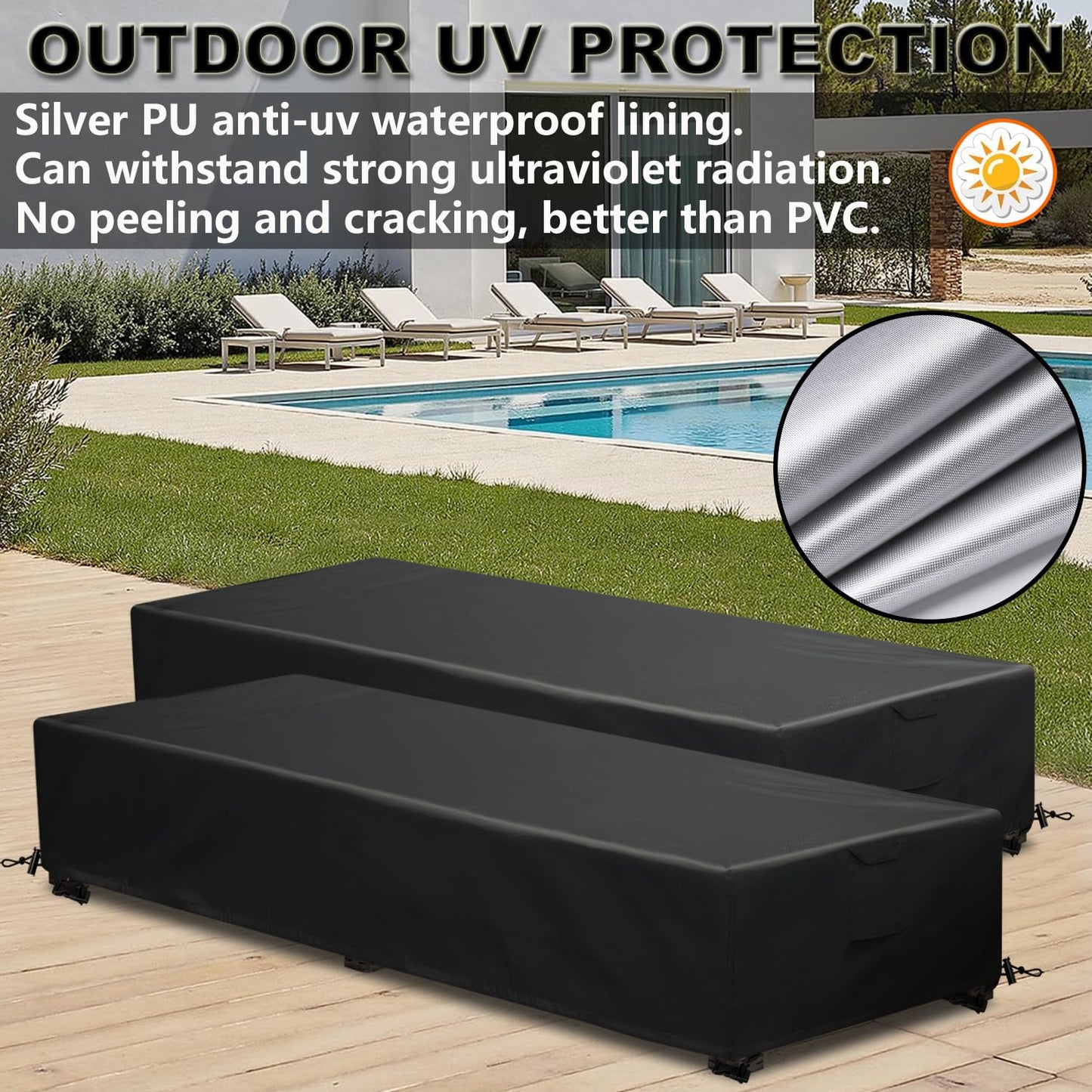 GoldenRaindrop Waterproof Patio Lounge Chair Cover 2 Pack Outdoor Chaise Lounge Covers 600D Weather Resistant Material, UV Protection, Windproof Design Outside Furniture Covers 80" x 28" x 14" H,Black