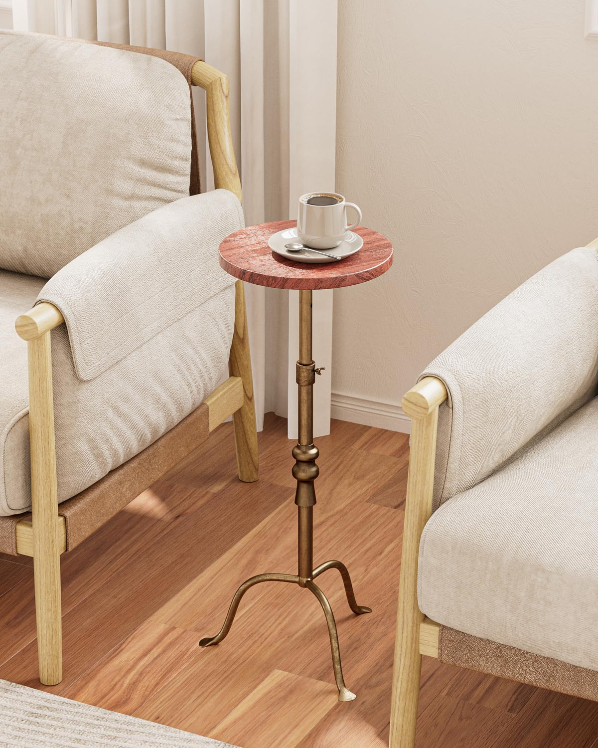 Adjustable Height Round Pedestal Table - 10x10x22-30 Inch, Red Travertine