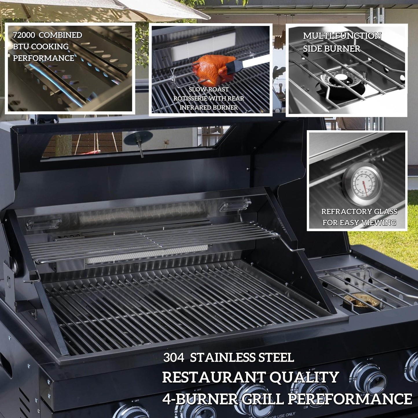 Outdoor Kitchen Island Gas Grill Pizza Oven Refrigerator Granite Countertop Sink Faucet Storage Cabinets Drawers Stainless Steel Barbecue Station Infrared Burner Side Range Warming Rack Gauge (Silver)
