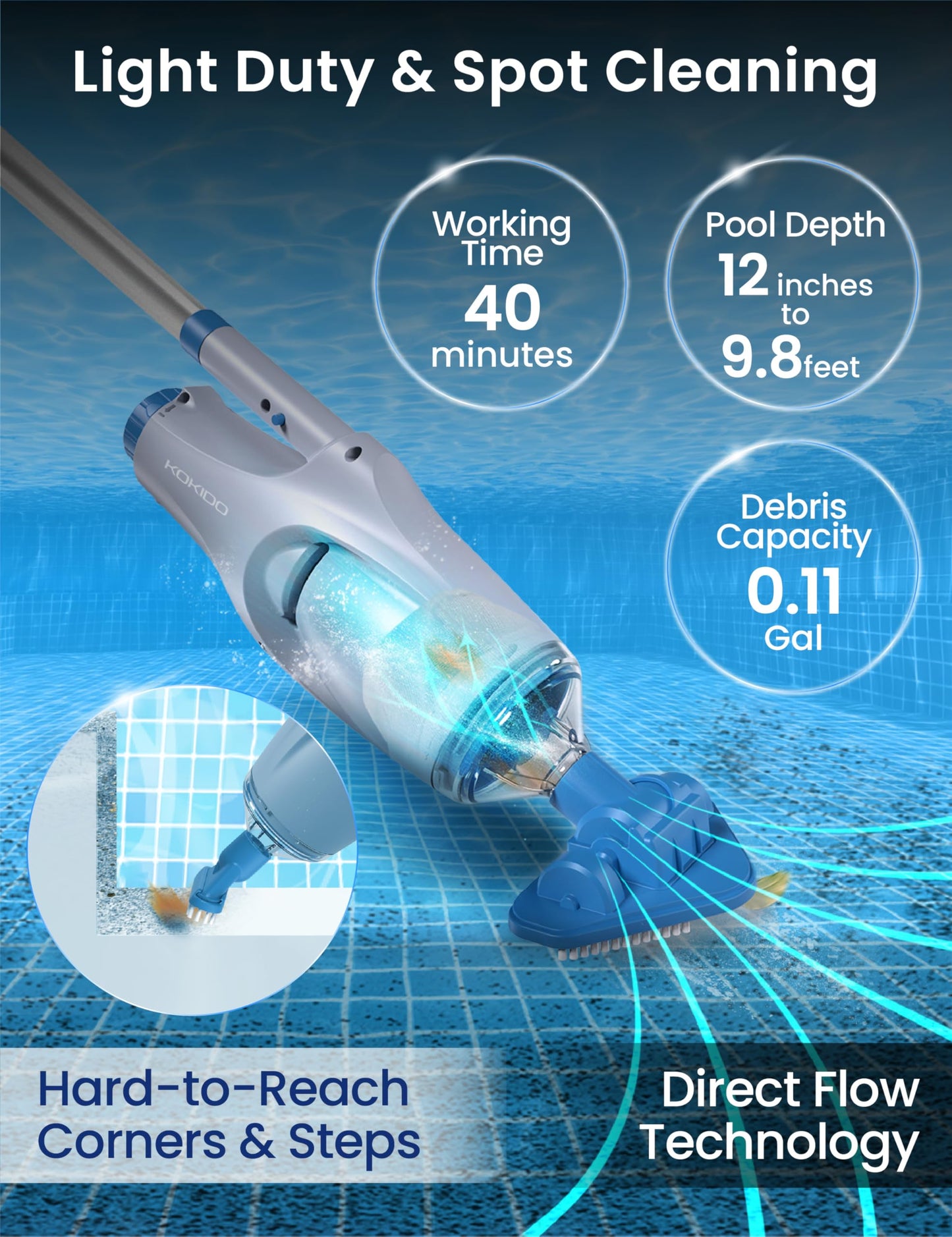 KOKIDO Cordless Handheld Pool Vacuum for Above Ground Pool, with 6ft Pole and 2 Vac Brush Heads, Ideal for Spot Cleaning Small Inground Pool Spa up to 20ft, Rechargeable, 60min, Sand and Light Debris
