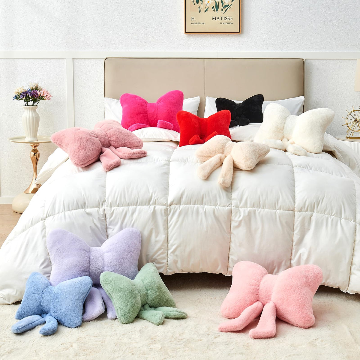 Mepherl Pink Bow Pillow, 12 x 9 in Bow Shaped Throw Pillow with Faux Rabbit Fur, Soft Decorative Accent Pillow for Bed, Couch, Sofa, Coquette Aesthetic Room Decor