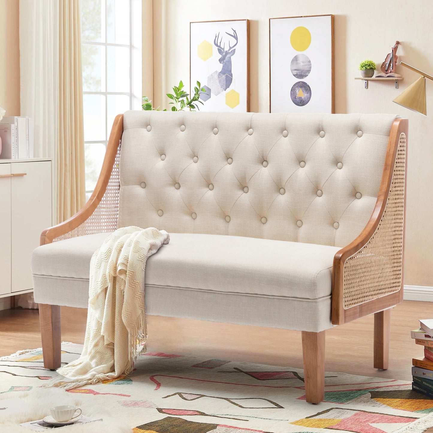 Yongqiang Modern Settee with Back Small Loveseat Sofa Rattan Upholstered Dining Banquette Seating for Kitchen Dining Room Living Room Linen Button Tufted Mini Couch
