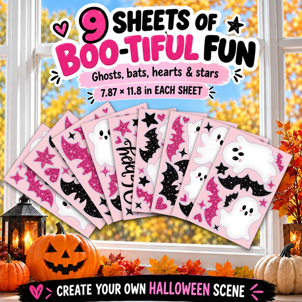 Pink Halloween Window Clings Decor Cute Ghost Stickers Decorations for Kids