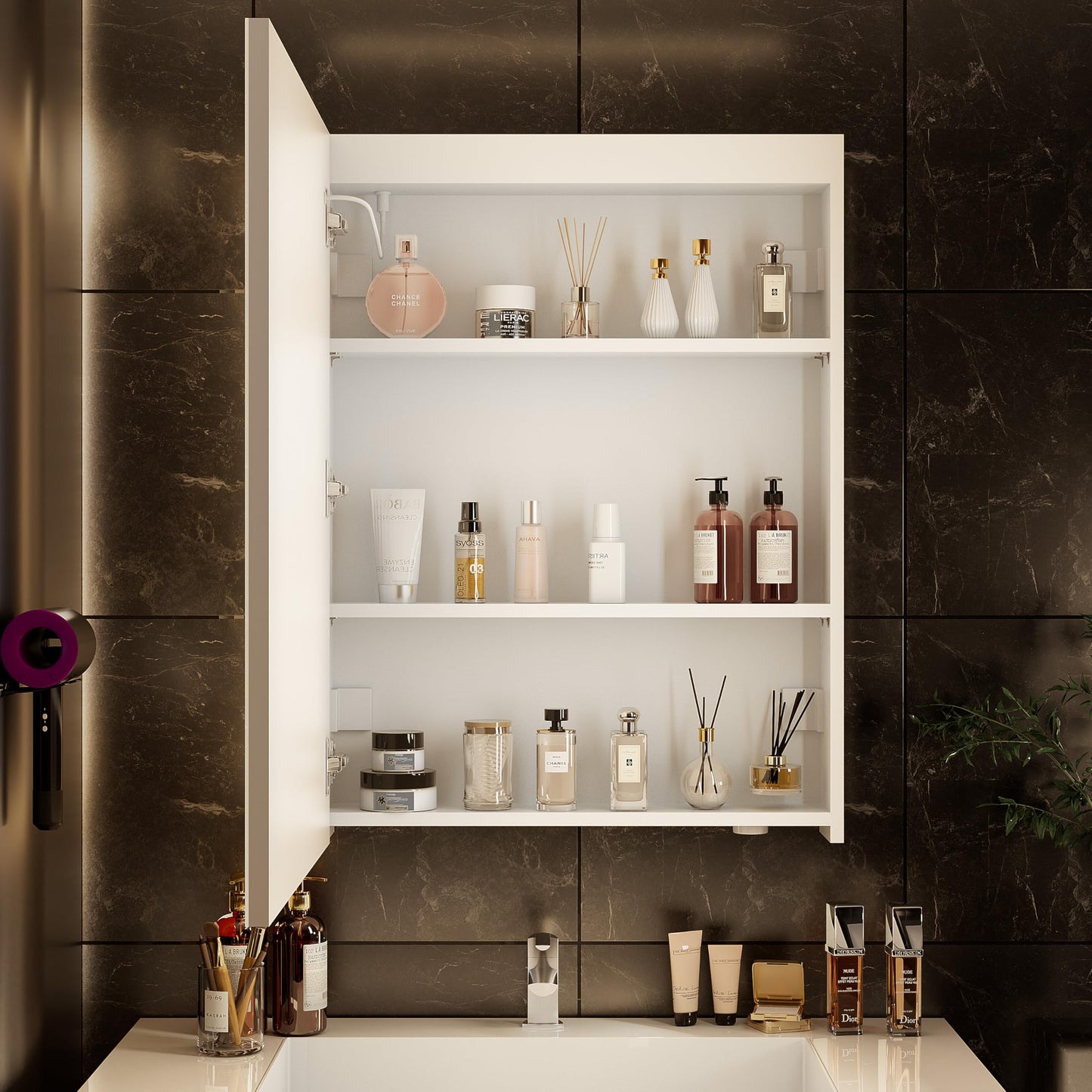 HAUSCHEN HOME 28 x20Inch LED Medicine Cabinet Mirror with Lights for Bathroom,Defogger,Stepless Dimmable, 3000K/5500K Color Temperature Wall Mounted Makeup Mirror,Adjustable Shelf (Assembly Required)