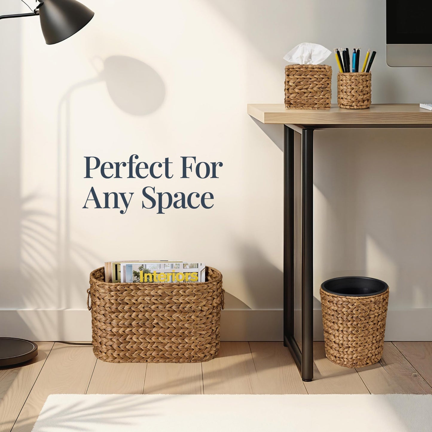 Best Choice Products 6PC Bathroom Accessories Set, Vanity Trays, qtip Canister, Square Tissue Box Cover, Small Wicker Trash Can, Toilet Paper Basket, Storage Organizer, Water Hyacinth - Chestnut