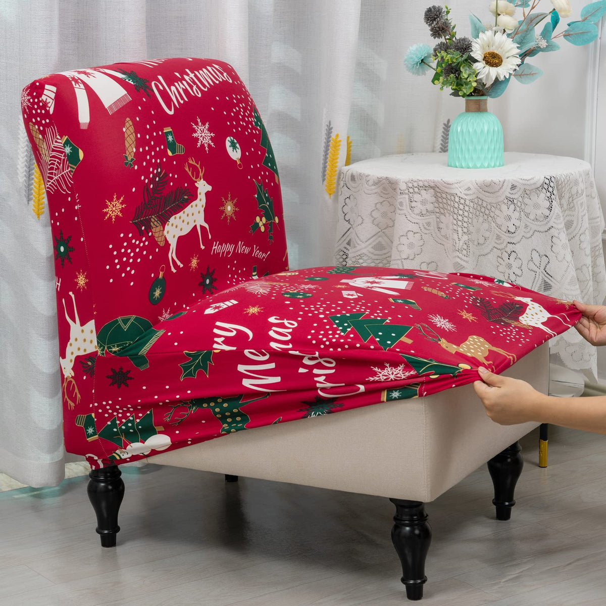 Iauddy Armless Accent Slipper Chair Cover Slipcover,Stretch Spandex Printed Removable Non-Slip Silp Cover for Accent Chair Without Arms Furniture Protector for Living Dining Room(Red,1)