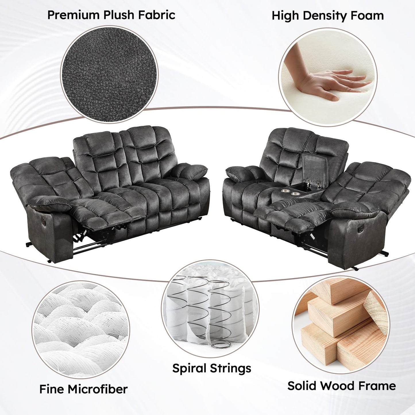 HAOMARKETS 3 Pieces Recliner Sofa Furniture Set, Include 2 Power Recliner Chairs with Message&Heat and a 3-Seater Reclining Couch for Living Room, Grey