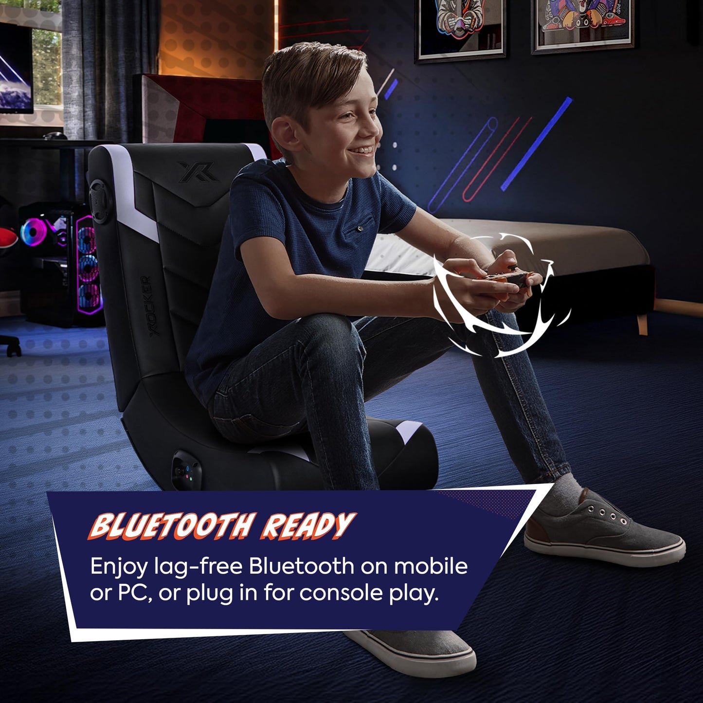 X Rocker Eclipse Video Gaming Floor Chair with Built-in Headrest Speakers, Wireless Bluetooth, Foldable, Vegan Leather, 300 lbs Max, Amazon Exclusive, Black and Silver, Gifts for Gamers