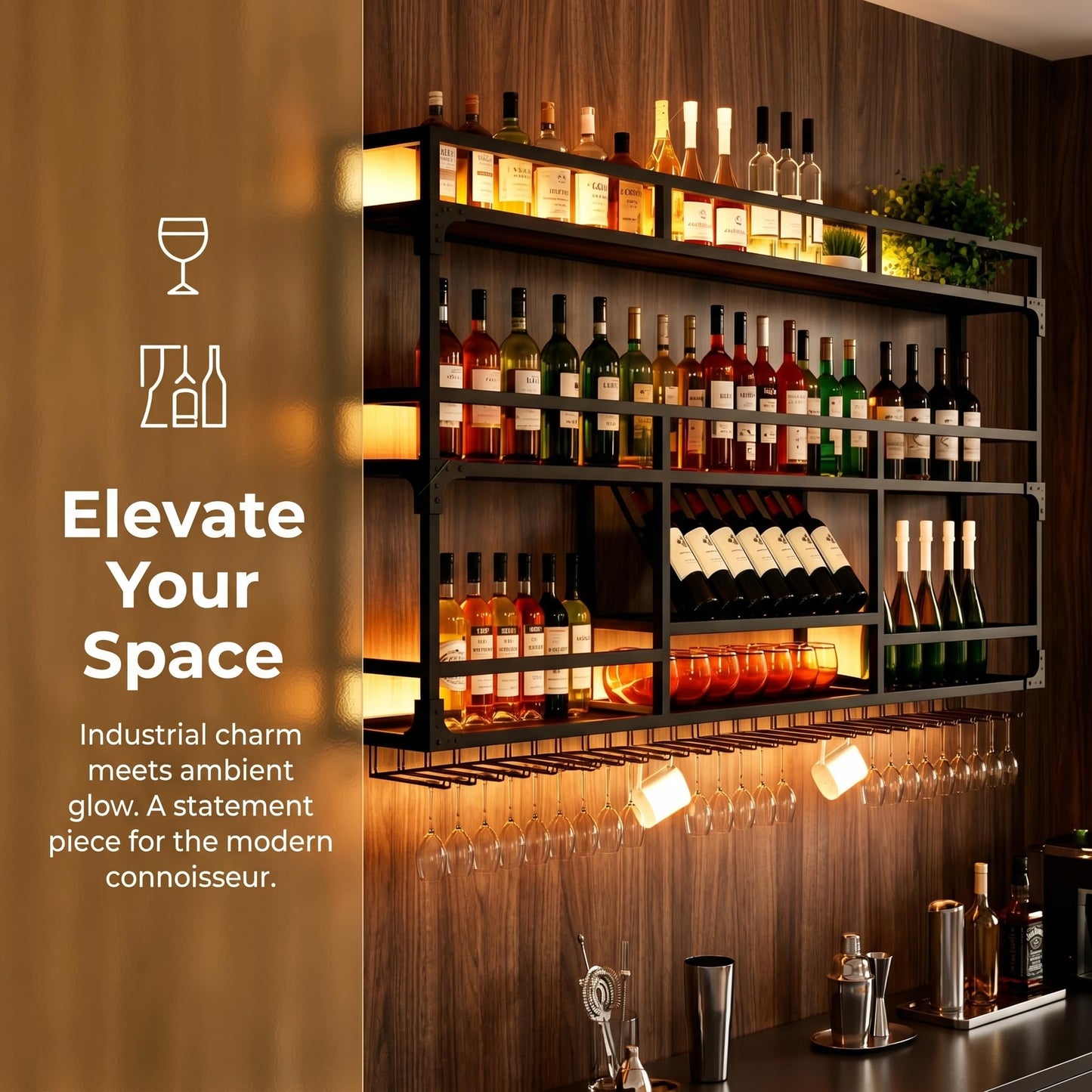 RAJYQODIS 47in Wall Mounted Wine Rack with LED Lights, Floating Industrial Liquor Glass Holder 3 Tiers, Large Metal Wine Bottle Display Rack Hanging Shelf, for Home Bar Dining Room Decorative