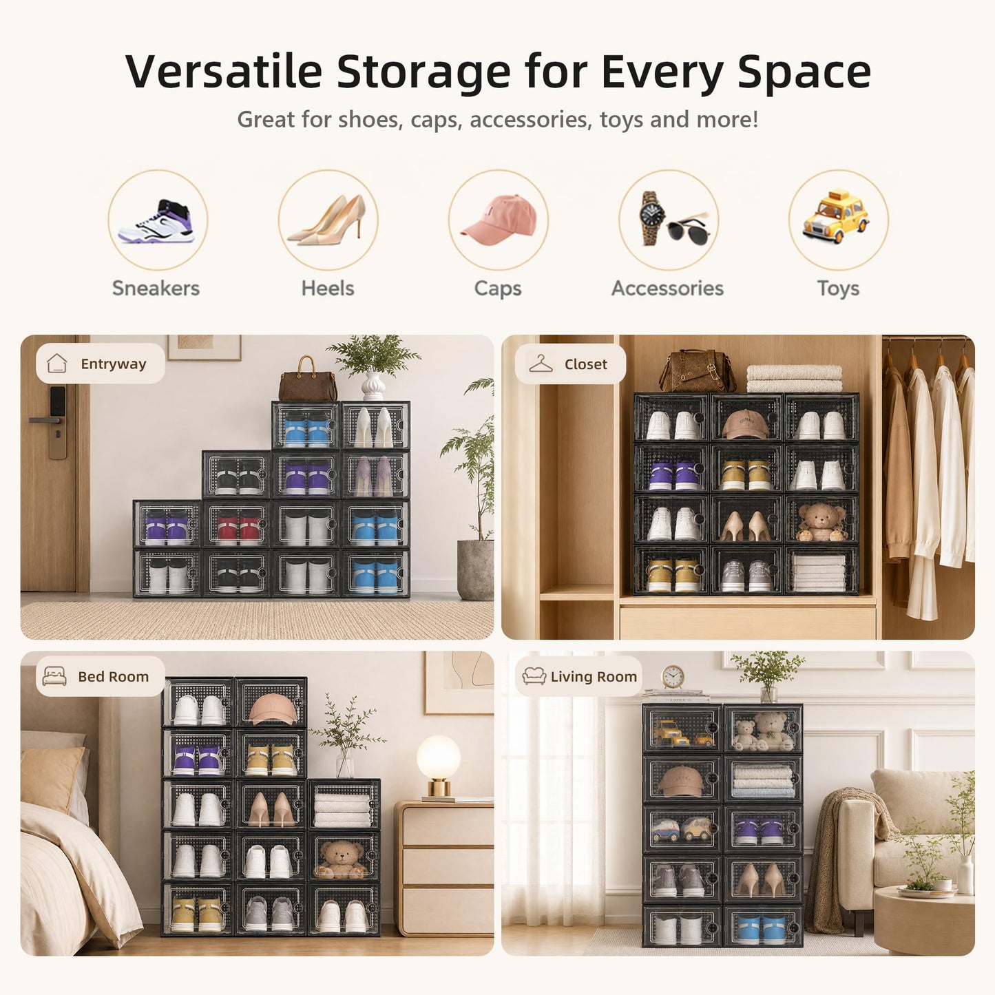 Kuject X-Large Shoe Storage Boxes Organizers Clear Plastic Stackable 12 Pack, Shoe Rack & Holder Substitute, Sneaker Containers, Toy Storage Organizer Bins for Entryway, Closet, Under Bed, Black