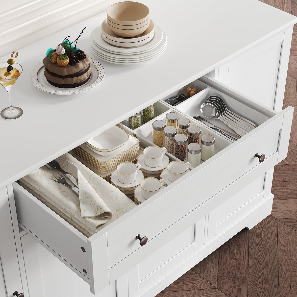 HITHOS 54" W Kitchen Buffet Cabinet with Storage, Coffee Bar Cabinet, White