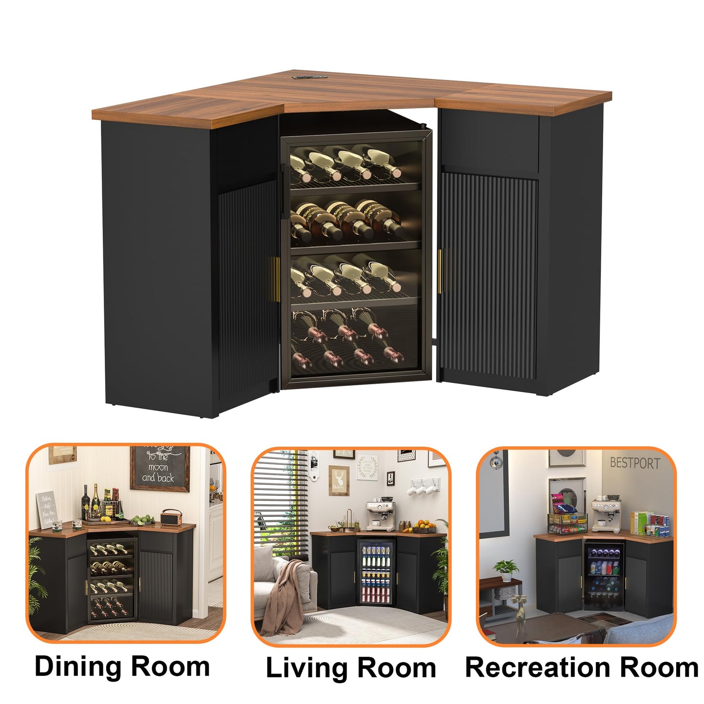 GDLF Corner Bar Cabinet with Fridge Space, Corner Coffee Bar Station with Storage, L Shaped Liquor Wine Cabinet for Home