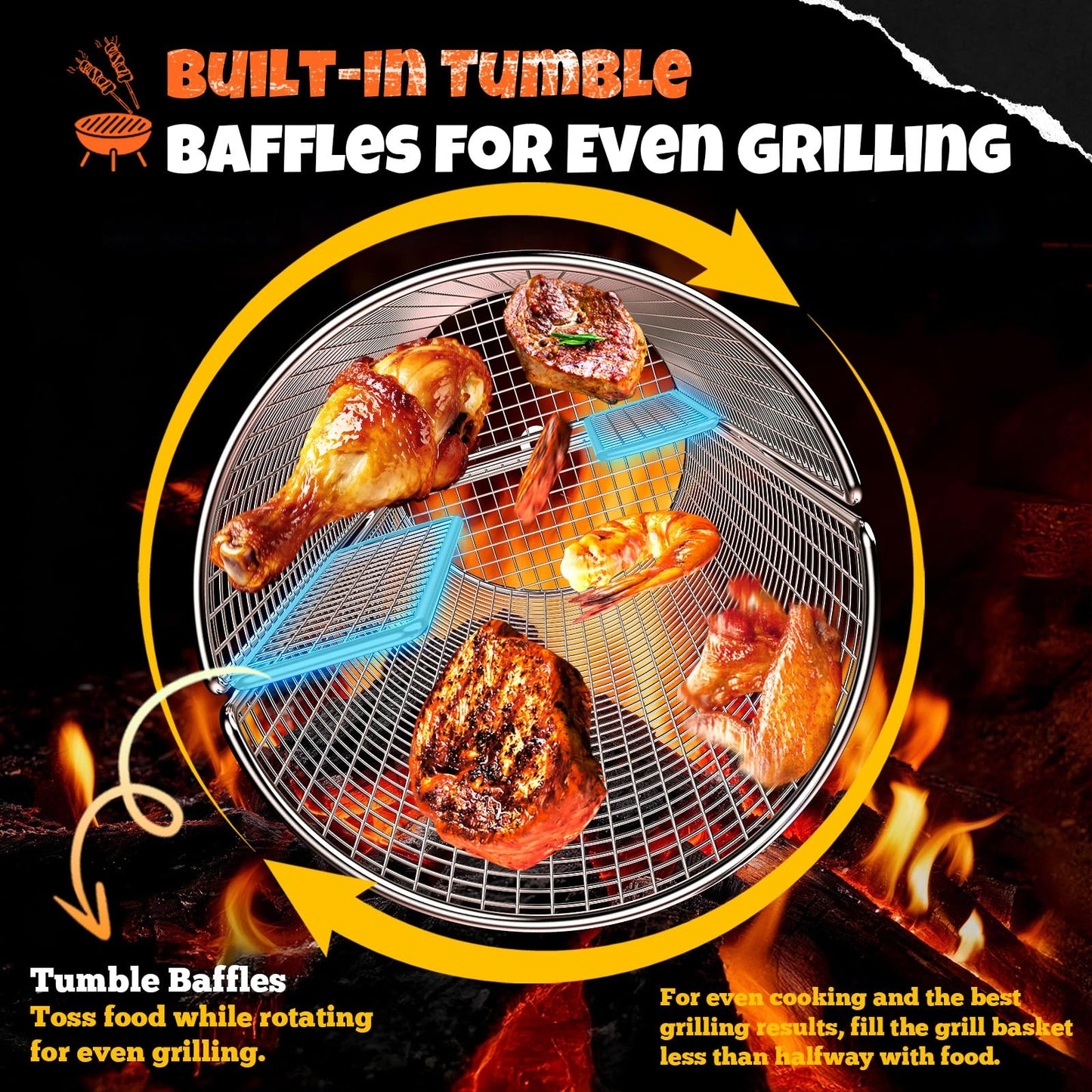 2-in-1 Rolling Grill Basket with Dual Handles, 304 Stainless Steel Rotatable BBQ Basket with Crank Handle & Straight Grip Handle, Grill Net for Vegetables, Shrimp & More, Gift Idea for Men, Dad, Husband