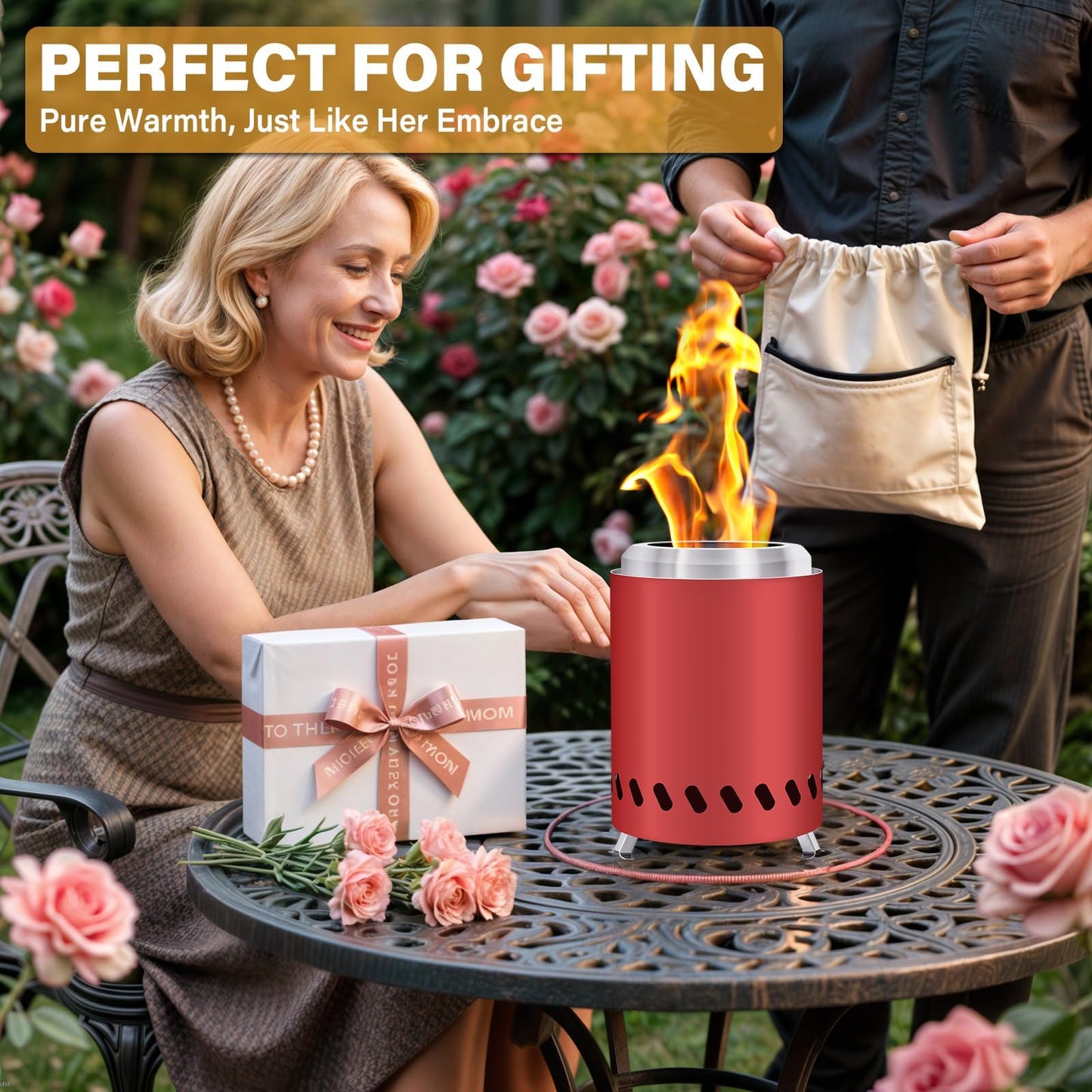 HGD 9.6 x 7.1 in Small Tabletop Fire Pit, Portable Mini Smokeless Table Top Firepit, Low Smoke Camping Stove for Outdoor & Patio, Fueled by Pellets or Wood, with Travel Bag, Stainless Steel, Red