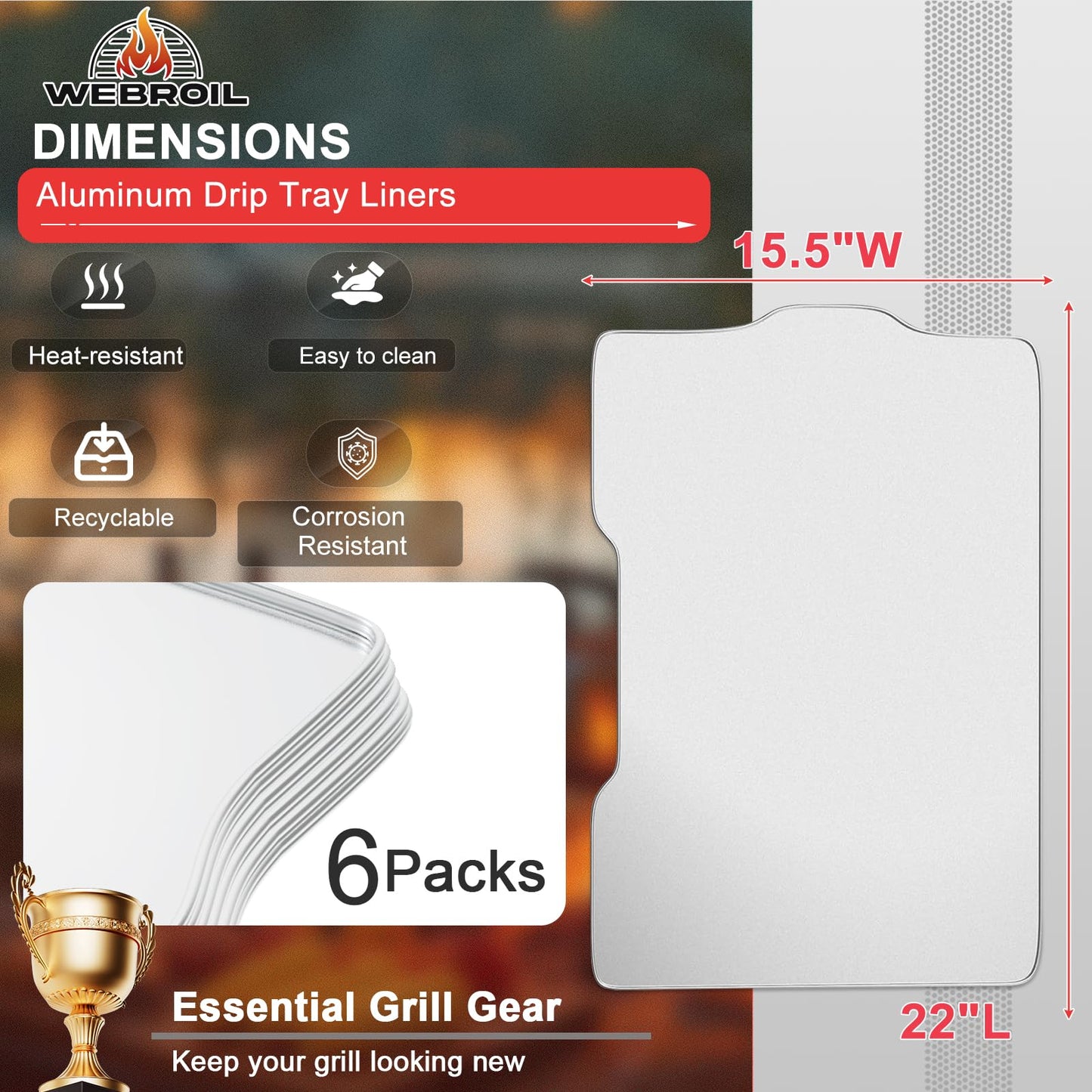 WEBROIL 6 Packs BAC506 Drip Tray Liners for Traeger Ironwood 650 Series Grills, Heat-Resistant Foil Liners for Traeger Pellet Smoker Grill Accessories, Aluminum Tray for Catching Grease 22" x 15.5"