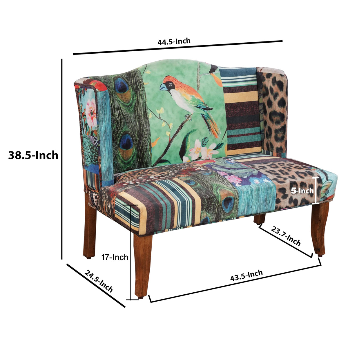 Benzara Vesta Bird Collage Print Settee, Multicolor Upholstery