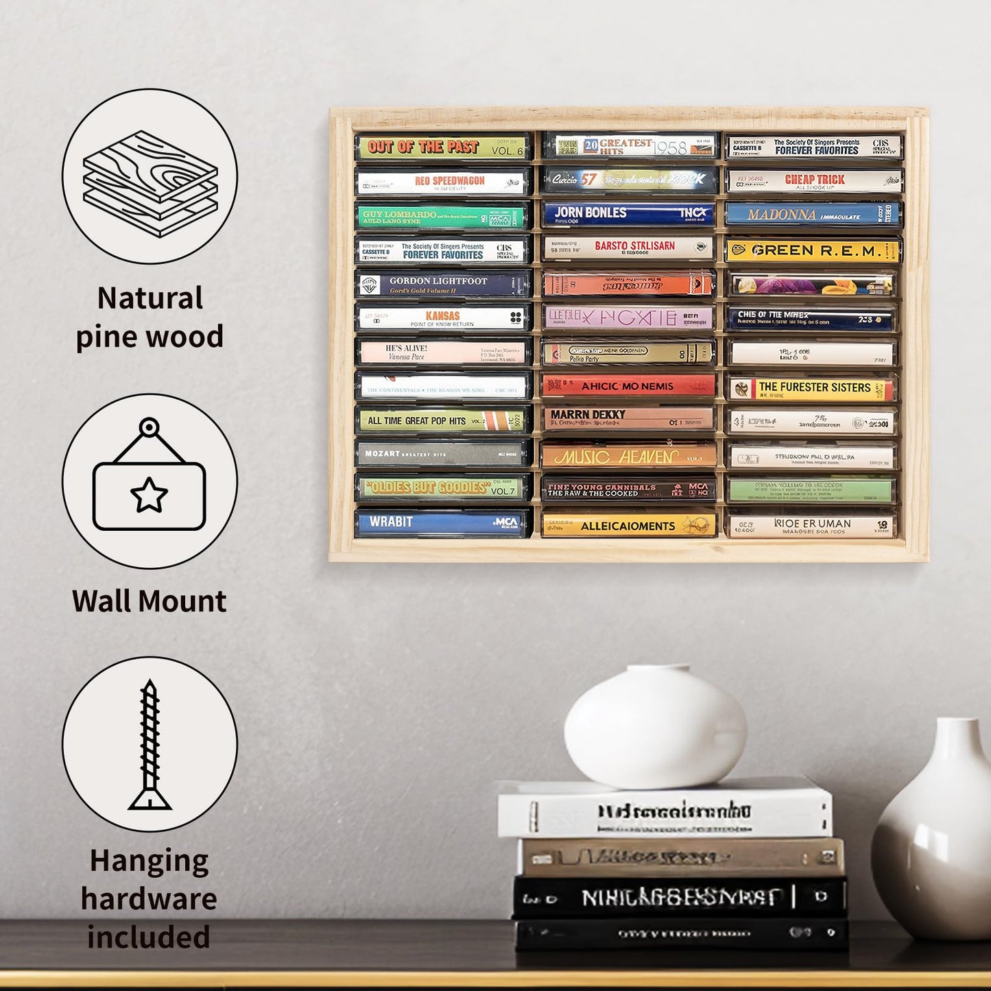 Waratah Designs Cassette Tape Storage Rack, 36-slot Wood Cassette Tape Holder, Wall Mount or Freestanding Audio Cassette Organizer, Playing Card Storage, Unfinished Pine