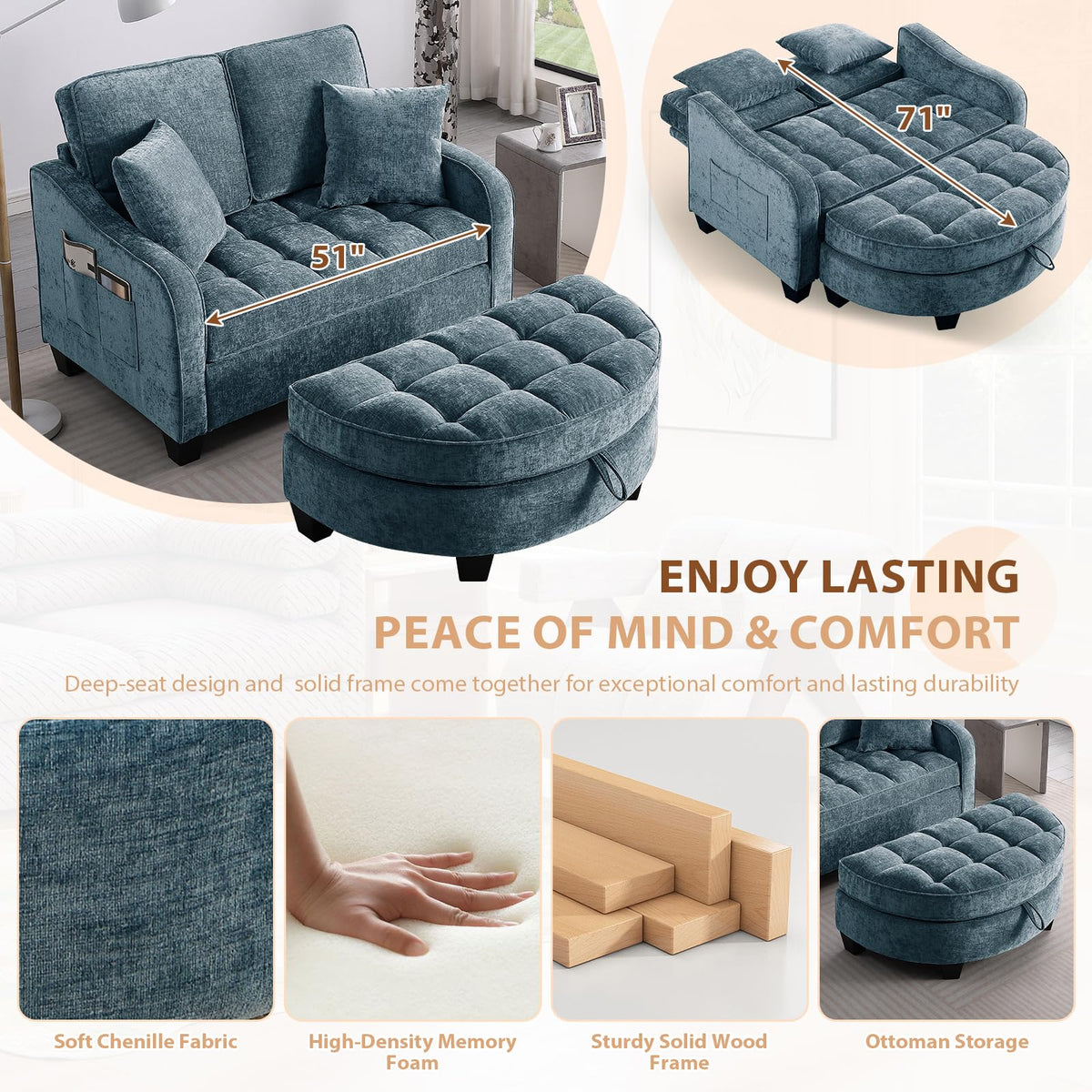 GEEVIVO Oversized Chaise Lounge Chair Indoor with Curved Ottoman, Blue