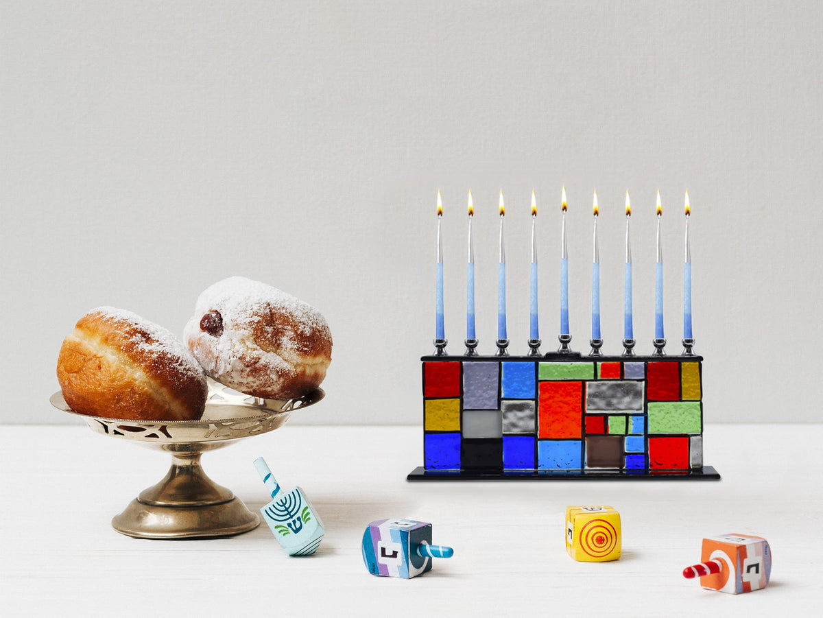 Ner Mitzvah Glass Hanukkah Menorah - Wall of Unity Multicolored Chanukah - Handcrafted Painted Glass - Fits All Standard Candles