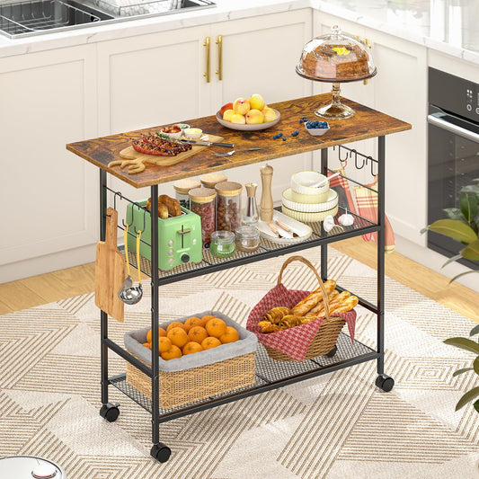 Kitchen Island with 3 Shelves, Rolling Kitchen Cart with 6 Hooks and Protective Shelf, Microwave Stand on Lockable Wheels, Bakers Rack Coffee Bar for Dining, Living Room, Outdoor, Metal Frame